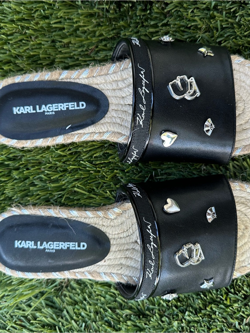Karl Lagerfeld Black Espadrille
Slide Sandals with Silver
Charms size 5.5 NWOB